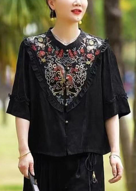 Vintage Black Ruffled Embroideried Patchwork Silk Tops Half Sleeve