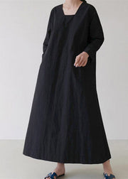 Vintage Black Square Collar Cozy Linen Maxi Dress Long Sleeve