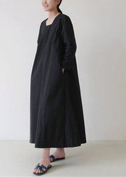 Vintage Black Square Collar Cozy Linen Maxi Dress Long Sleeve