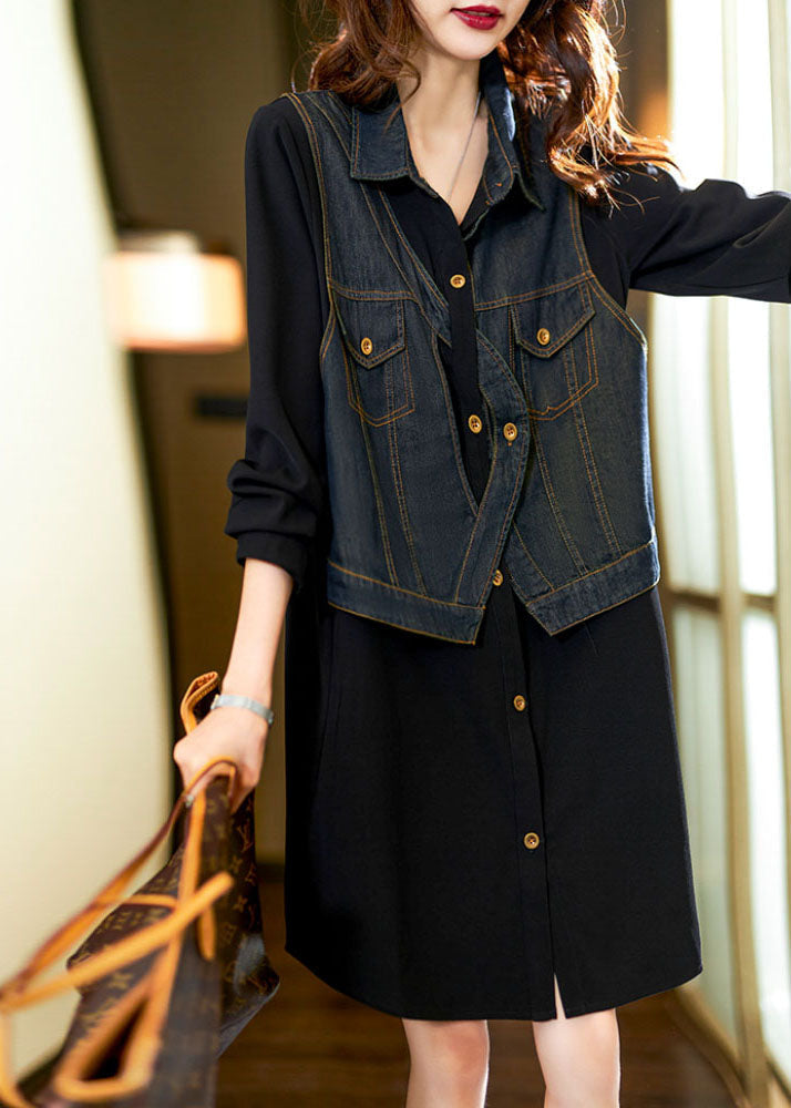 Vintage Black Square Collar Denim Patchwork Fake Two Pieces Mid Dress Long Sleeve