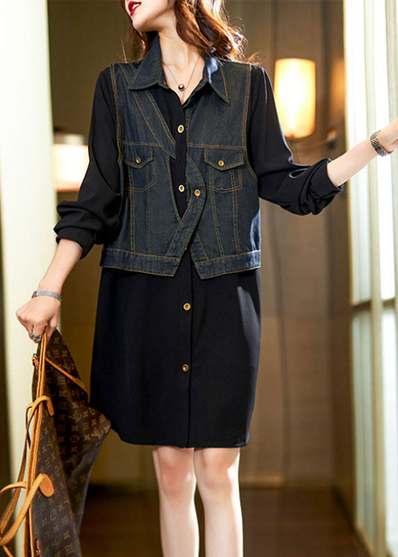 Vintage Black Square Collar Denim Patchwork Fake Two Pieces Mid Dress Long Sleeve