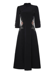 Vintage Black Stand Collar Embroideried Button Party Tulle Maxi Dress Long Sleeve