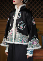 Vintage Black Stand Collar Embroideried Floral Silk Thick Parka Long Sleeve