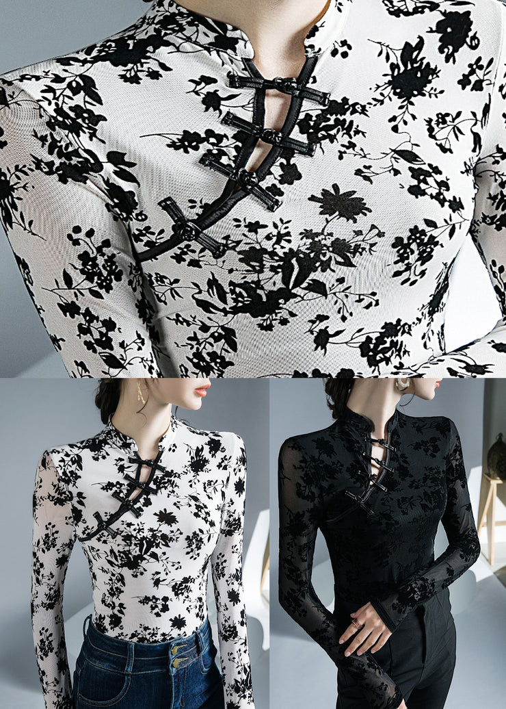 Vintage Black Stand Collar Print Tops Bottoming Shirt