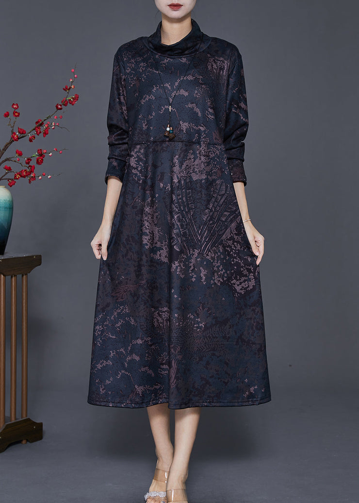 Vintage Black Stand Collar Print Warm Fleece Long Dress Winter