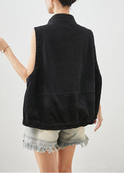 Vintage Black Stand Collar Zippered Denim Vest Fall