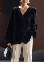 Vintage Black V Neck Embroidered Velour Shirt Fall