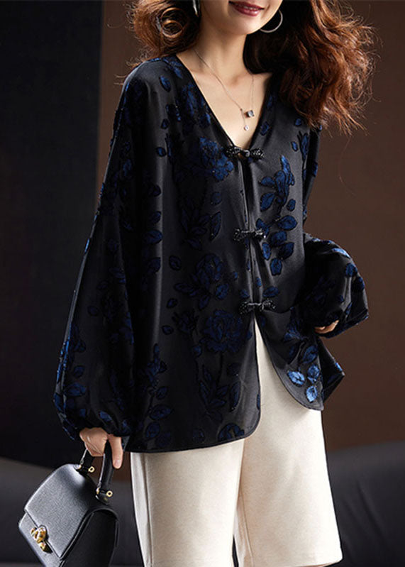 Vintage Black V Neck Embroidered Velour Shirt Fall