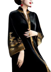 Vintage Black V Neck Print Patchwork Silk Velour Long Dresses Fall