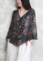 Vintage Black V Neck Print Tie Waist Linen Shirt Long Sleeve