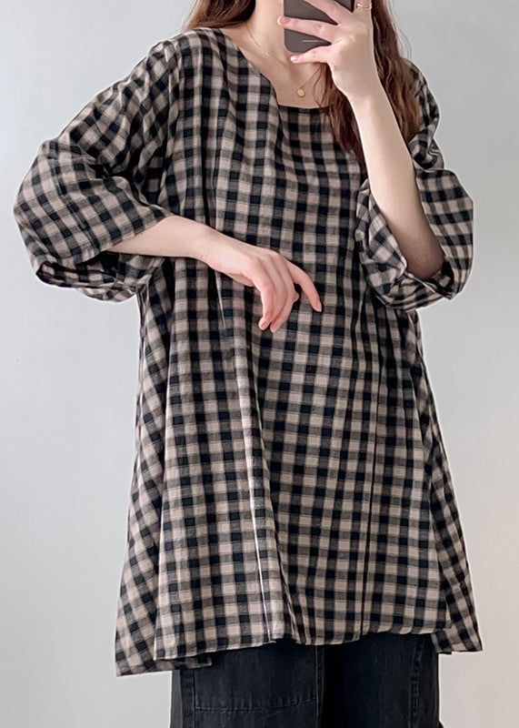 Vintage Black White Plaid Oversized Linen Long Tops Half Sleeve