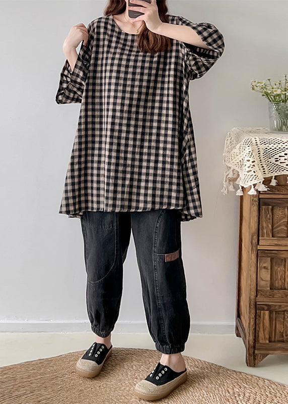 Vintage Black White Plaid Oversized Linen Long Tops Half Sleeve