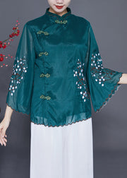 Vintage Blackish Green Mandarin Collar Embroideried Silk Blouses Flare Sleeve