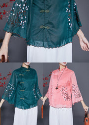 Vintage Blackish Green Mandarin Collar Embroideried Silk Blouses Flare Sleeve