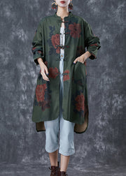 Vintage Blackish Green Print Chinese Button Linen Long Shirts Fall