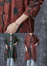 Vintage Blackish Green Print Chinese Button Linen Long Shirts Fall