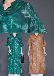 Vintage Blackish Green V Neck Tie Dye Linen Gown Dresses Half Sleeve