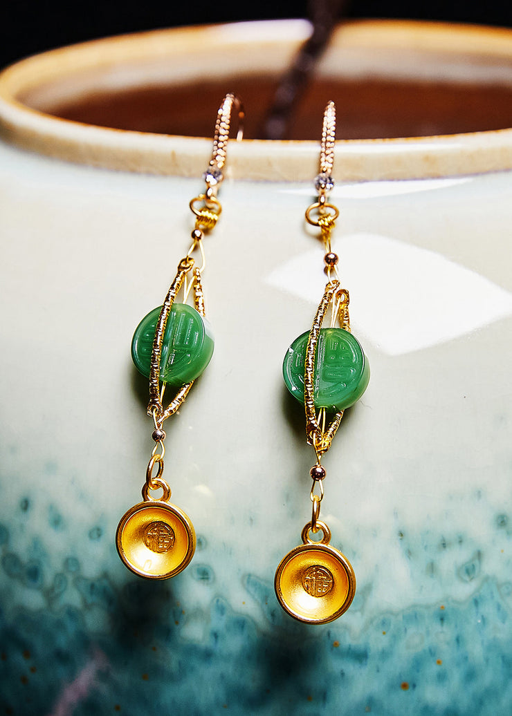 Vintage Blessed Bowl Gilding Fine Jade Drop Earrings