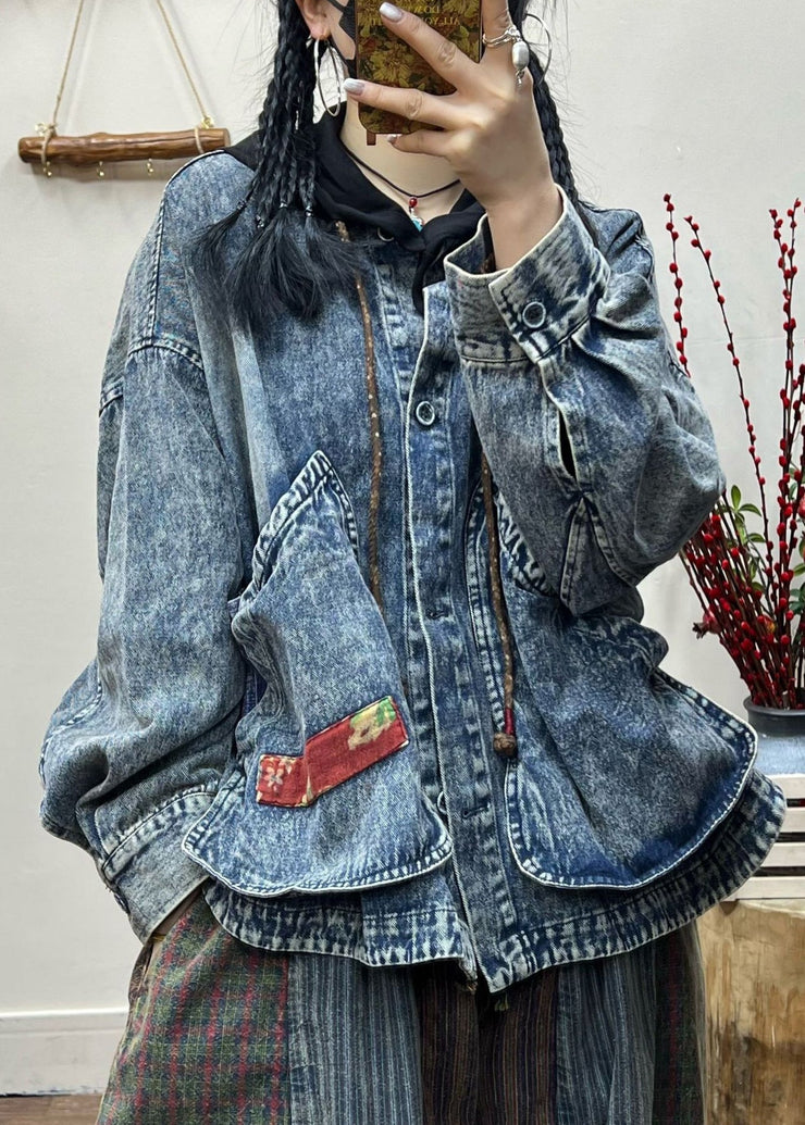 Vintage Blue Button Pockets Patchwork Denim Coat Fall