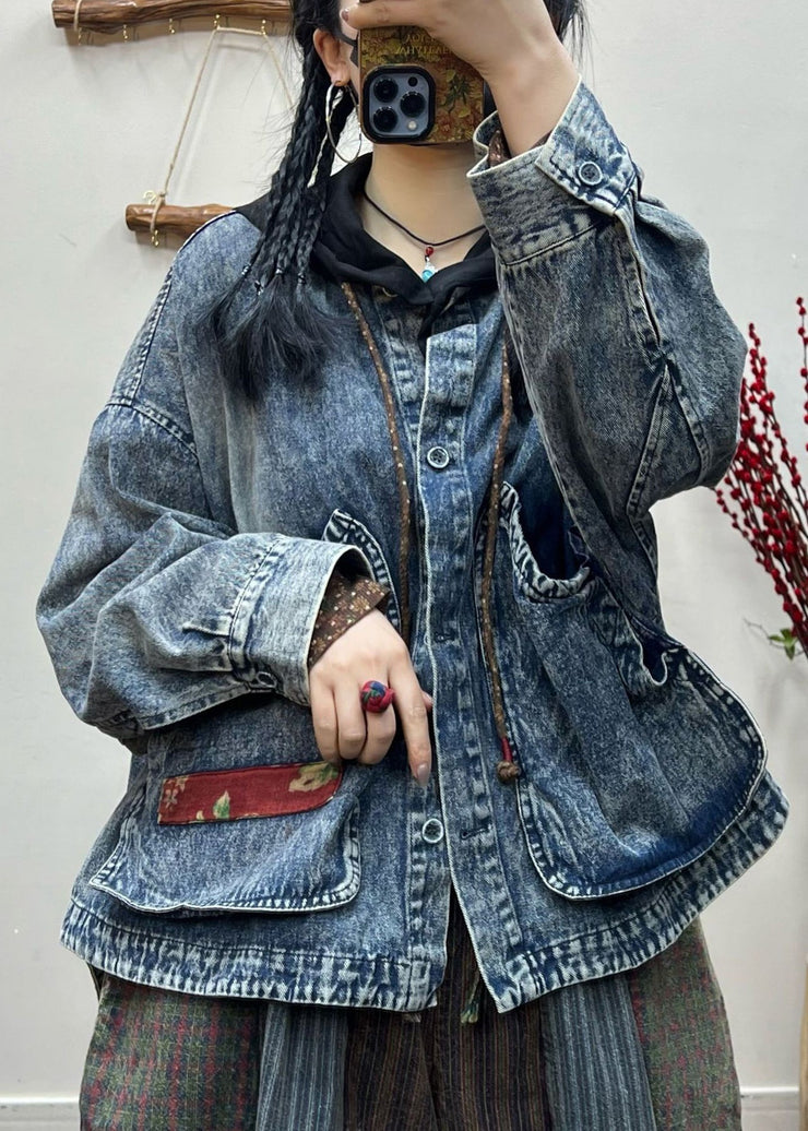 Vintage Blue Button Pockets Patchwork Denim Coat Fall