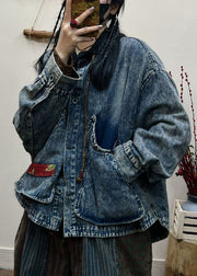 Vintage Blue Button Pockets Patchwork Denim Coat Fall