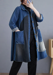 Vintage Blue Button Pockets Patchwork Denim Trench Coat Fall