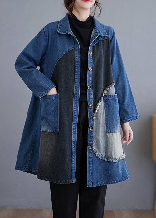 Vintage Blue Button Pockets Patchwork Denim Trench Coat Fall