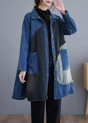 Vintage Blue Button Pockets Patchwork Denim Trench Coat Fall