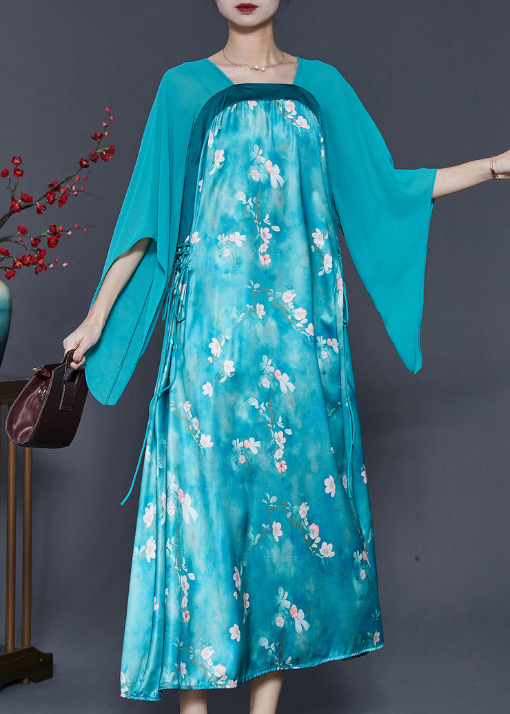 Vintage Blue Cinched Patchwork Silk Long Dresses Summer