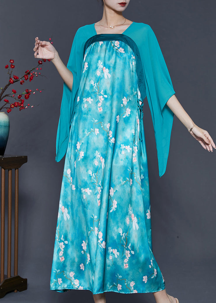 Vintage Blue Cinched Patchwork Silk Long Dresses Summer