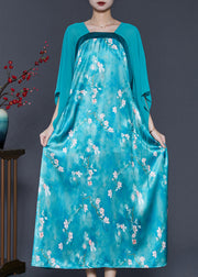 Vintage Blue Cinched Patchwork Silk Long Dresses Summer