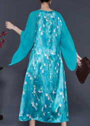 Vintage Blue Cinched Patchwork Silk Long Dresses Summer