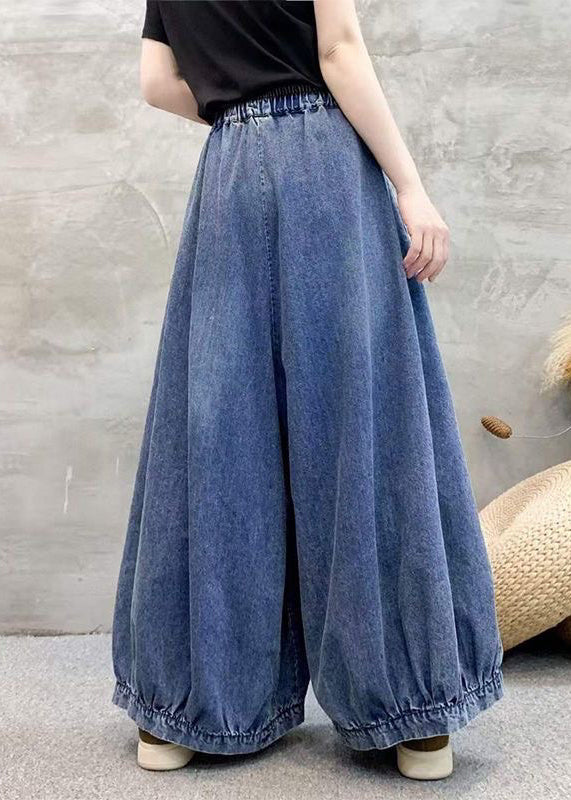 Vintage Blue Embroidered Elastic Waist Denim Wide Leg Pants Spring