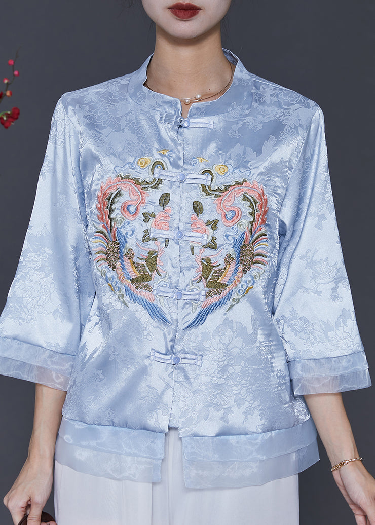 Vintage Blue Embroidered Patchwork Oriental Silk Blouses Spring