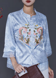 Vintage Blue Embroidered Patchwork Oriental Silk Blouses Spring