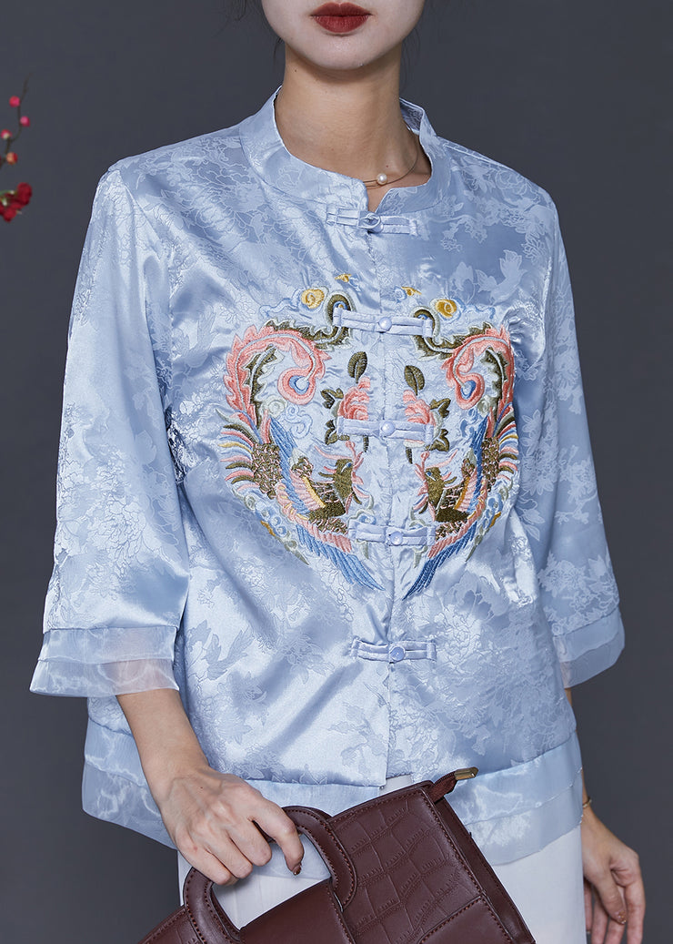 Vintage Blue Embroidered Patchwork Oriental Silk Blouses Spring