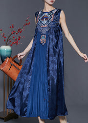 Vintage Blue Embroidered Patchwork Silk Dress Sleeveless