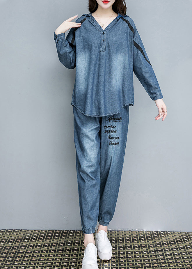 Vintage Blue Embroideried Cotton Hooded Coats And Pants Two Pieces Set Fall