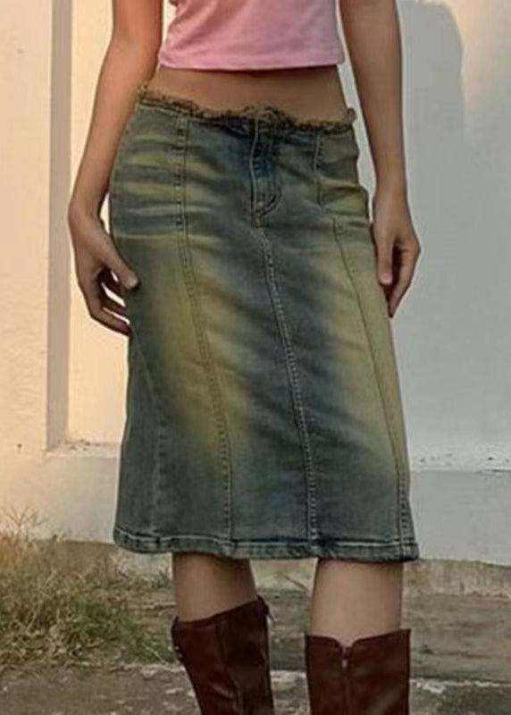 Vintage Blue Gradient Color Zip Up High Waist Patchwork Denim Skirt Fall