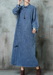 Vintage Blue Mandarin Collar Chinese Button Denim Dresses Spring