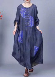 Vintage Blue O Neck Button Patchwork Cotton Long Dress Spring