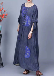 Vintage Blue O Neck Button Patchwork Cotton Long Dress Spring