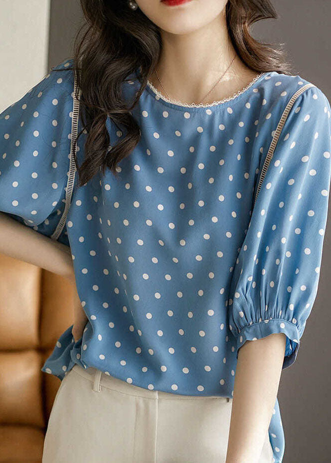 Vintage Blue O-Neck Dot Print Silk Blouse Tops Summer