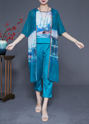 Vintage Blue Oversized Print Side Open Silk Three Pieces Set Summer