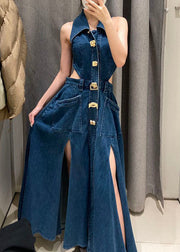 Vintage Blue Peter Pan Collar Patchwork Pockets Hollow Out Denim Long Dresses Summer