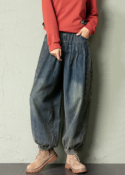 Vintage Blue Pockets Elastic Waist Denim Crop Pants Spring