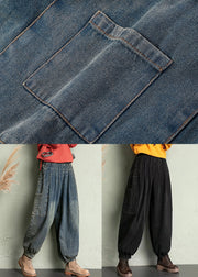 Vintage Blue Pockets Elastic Waist Denim Crop Pants Spring