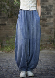 Vintage Blue Pockets High Waist Linen Summer Pants