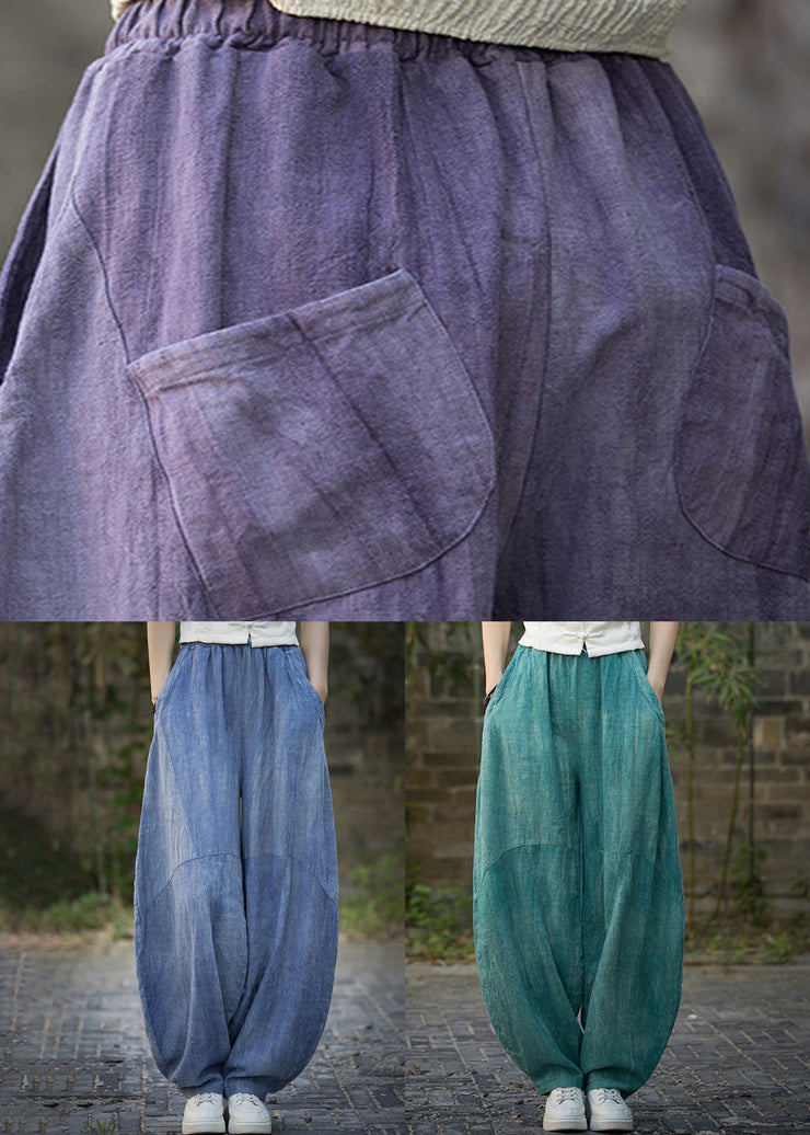 Vintage Blue Pockets High Waist Linen Summer Pants