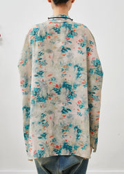 Vintage Blue Print Chinese Button Linen Shirt Top Summer